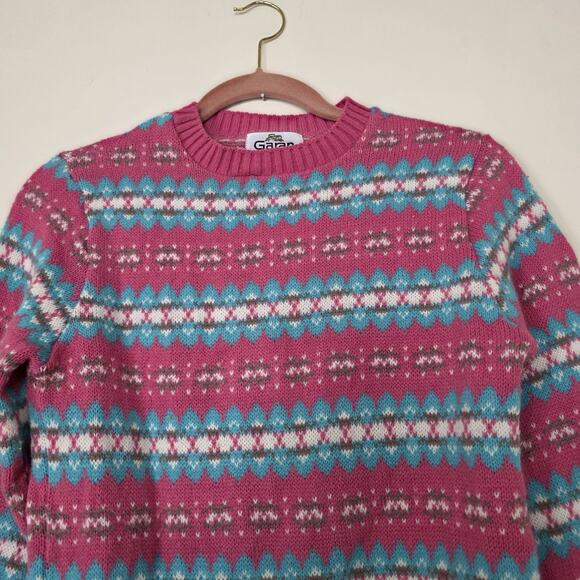 Vtg Grandmacore Sweater Womens M Pink Blue Aztec Fair Isle Cottage Boho 80s - Picture 2 of 9
